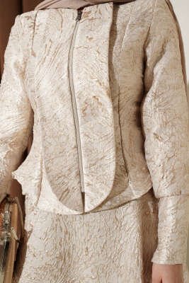 Kabartma Desen Jakarlı Etekli Takım Bej - İkili Takım