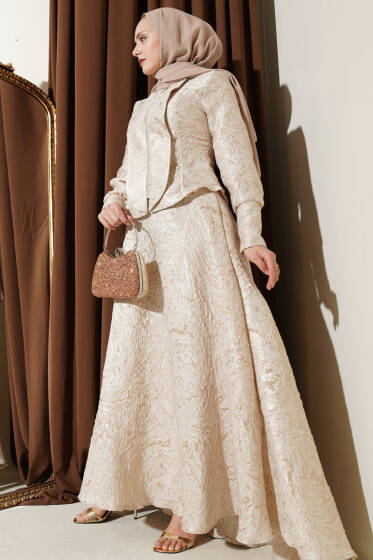 Kabartma Desen Jakarlı Etekli Takım Bej - İkili Takım