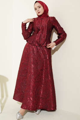 Kabartma Desen Jakarlı Etekli Takım Bordo - İkili Takım