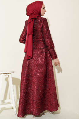 Kabartma Desen Jakarlı Etekli Takım Bordo - İkili Takım