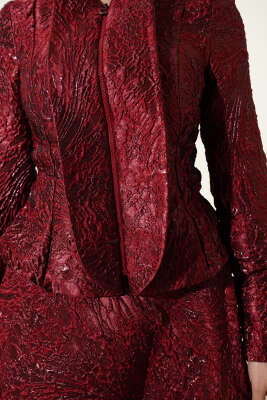 Kabartma Desen Jakarlı Etekli Takım Bordo - İkili Takım