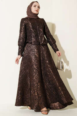 Kabartma Desen Jakarlı Etekli Takım Kahve - CNR TEKSTİL