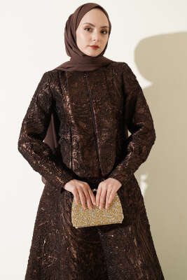 Kabartma Desen Jakarlı Etekli Takım Kahve - İkili Takım