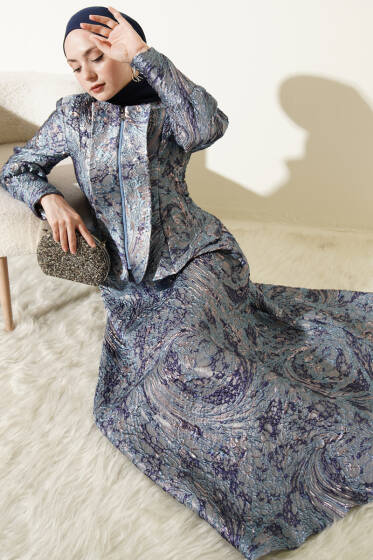 Kabartma Desen Jakarlı Etekli Takım Lacivert - İkili Takım