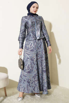 Kabartma Desen Jakarlı Etekli Takım Lacivert - İkili Takım