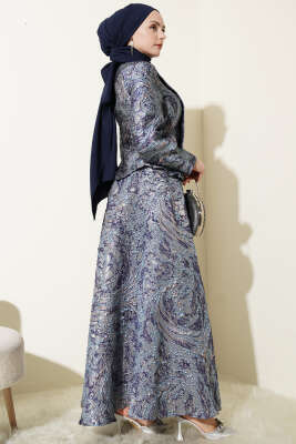 Kabartma Desen Jakarlı Etekli Takım Lacivert - İkili Takım
