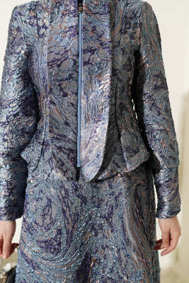 Kabartma Desen Jakarlı Etekli Takım Lacivert - İkili Takım