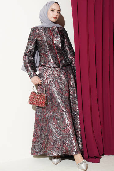 Kabartma Desen Jakarlı Etekli Takım Mor - İkili Takım