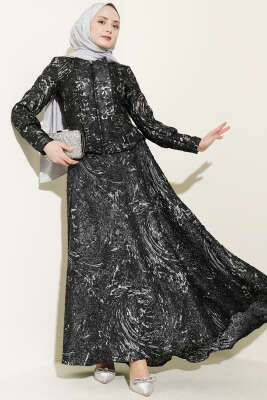 Kabartma Desen Jakarlı Etekli Takım Siyah - CNR TEKSTİL