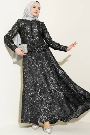 Kabartma Desen Jakarlı Etekli Takım Siyah - İkili Takım