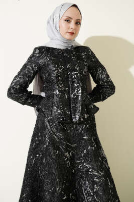 Kabartma Desen Jakarlı Etekli Takım Siyah - İkili Takım