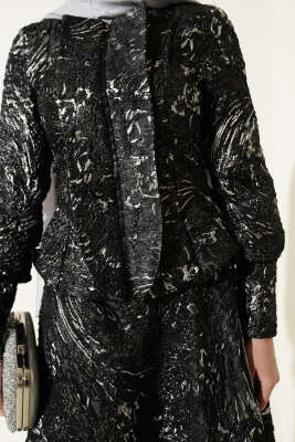 Kabartma Desen Jakarlı Etekli Takım Siyah - İkili Takım