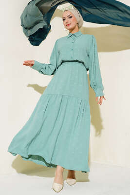 Kabartma Desen Kuşaklı Elbise Çağla Yeşili - Thumbnail