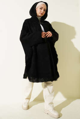 Kabartma Desen Püsküllü Kapüşonlu Panço Siyah - Panço