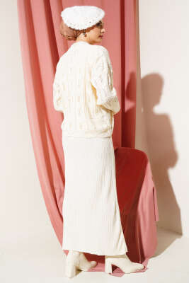 Kabartma Desen Triko Jile Elbise Takım Bej - Triko İkili Takım