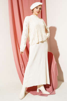 Kabartma Desen Triko Jile Elbise Takım Bej - Triko İkili Takım