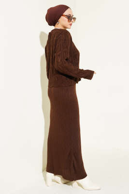 Kabartma Desen Triko Jile Elbise Takım Kahve - Triko İkili Takım