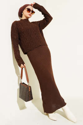 Kabartma Desen Triko Jile Elbise Takım Kahve 