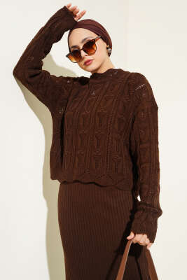 Kabartma Desen Triko Jile Elbise Takım Kahve - Triko İkili Takım