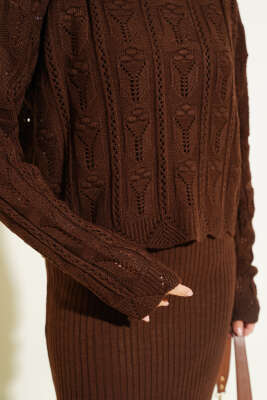 Kabartma Desen Triko Jile Elbise Takım Kahve - Triko İkili Takım