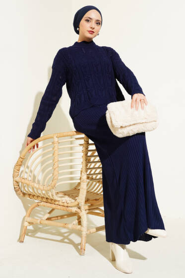 Kabartma Desen Triko Jile Elbise Takım Lacivert - İkili Takım