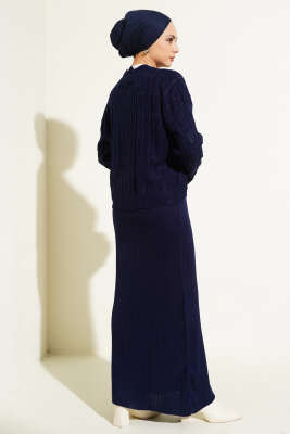 Kabartma Desen Triko Jile Elbise Takım Lacivert - Triko İkili Takım