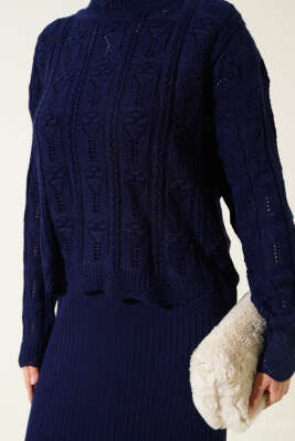 Kabartma Desen Triko Jile Elbise Takım Lacivert - Triko İkili Takım