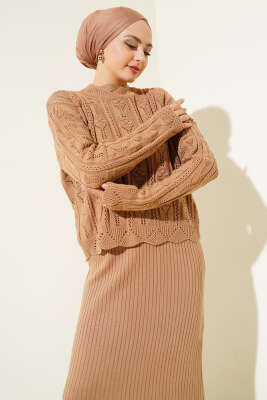 Kabartma Desen Triko Jile Elbise Takım Latte - Triko İkili Takım