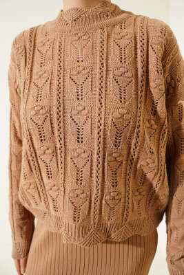 Kabartma Desen Triko Jile Elbise Takım Latte - Triko İkili Takım