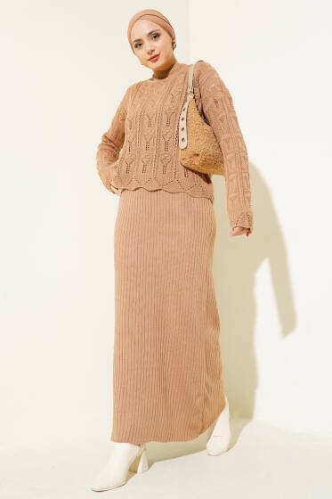 Kabartma Desen Triko Jile Elbise Takım Latte - Triko