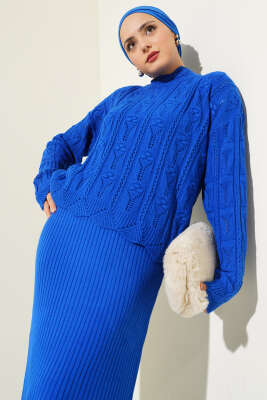 Kabartma Desen Triko Jile Elbise Takım Saks - Triko İkili Takım