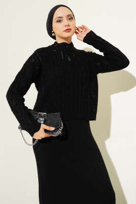 Kabartma Desen Triko Jile Elbise Takım Siyah - Triko İkili Takım