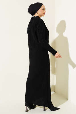 Kabartma Desen Triko Jile Elbise Takım Siyah - Triko İkili Takım