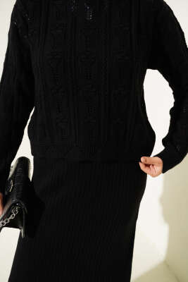 Kabartma Desen Triko Jile Elbise Takım Siyah - Triko İkili Takım