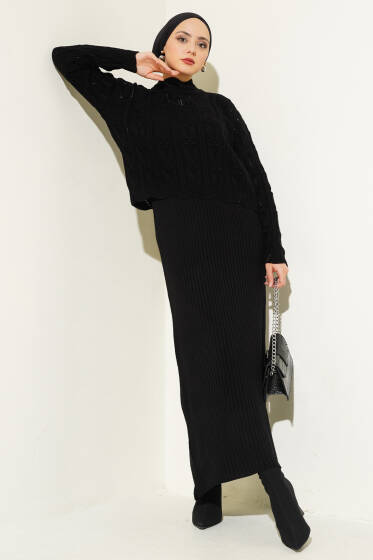 Kabartma Desen Triko Jile Elbise Takım Siyah - Triko
