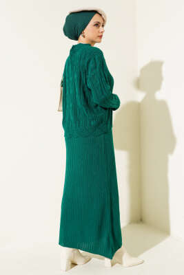 Kabartma Desen Triko Jile Elbise Takım Zümrüt - Triko İkili Takım