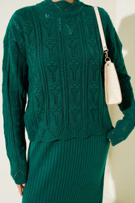 Kabartma Desen Triko Jile Elbise Takım Zümrüt - Triko İkili Takım