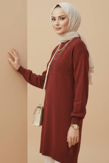 Kabartma Desen Yumoş Triko Tunik Bordo - Tunik