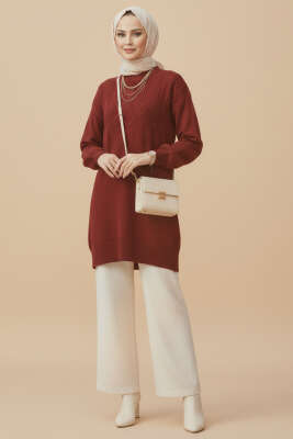 Kabartma Desen Yumoş Triko Tunik Bordo - Tunik