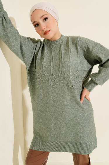 Kabartma Desen Yumoş Triko Tunik Çağla Yeşili - Tunik