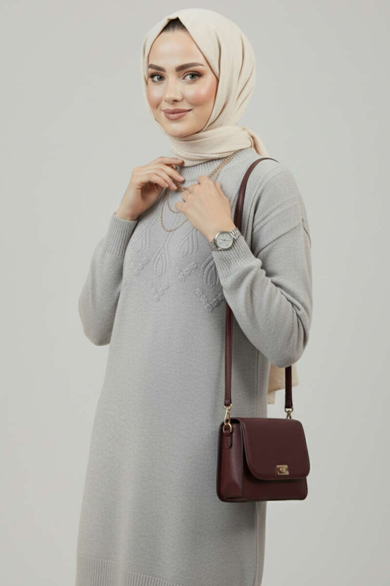 Kabartma Desen Yumoş Triko Tunik Gri