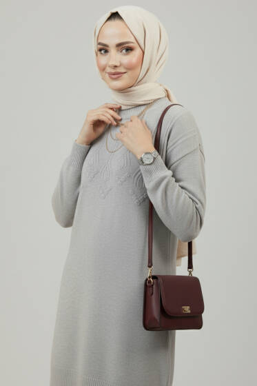 Kabartma Desen Yumoş Triko Tunik Gri - Tunik