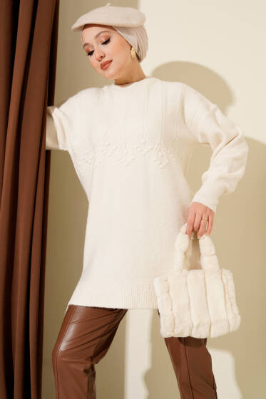 Kabartma Desen Yumoş Triko Tunik Kemik - Tunik