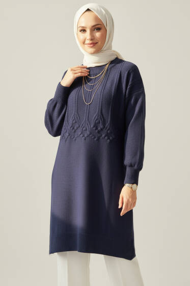 Kabartma Desen Yumoş Triko Tunik Lacivert - Tunik