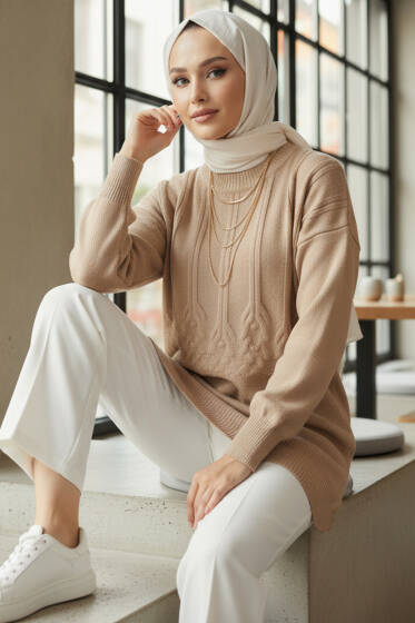 Kabartma Desen Yumoş Triko Tunik Latte - Tunik