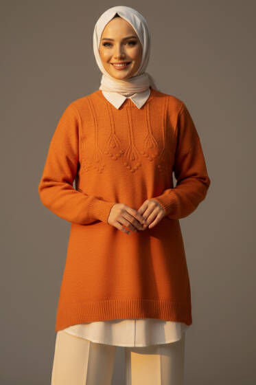 Kabartma Desen Yumoş Triko Tunik Oranj - Tunik