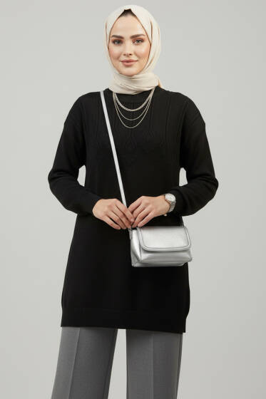 Kabartma Desen Yumoş Triko Tunik Siyah - Tunik