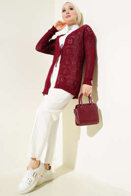 Kabartma Desenli Bağcıklı Triko Hırka Bordo - Triko Hırka