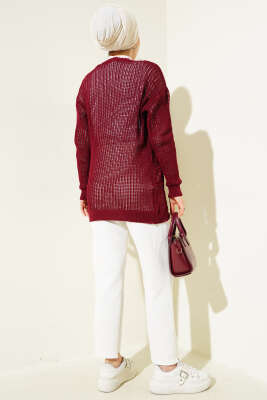 Kabartma Desenli Bağcıklı Triko Hırka Bordo - Triko Hırka