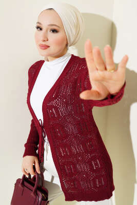 Kabartma Desenli Bağcıklı Triko Hırka Bordo 